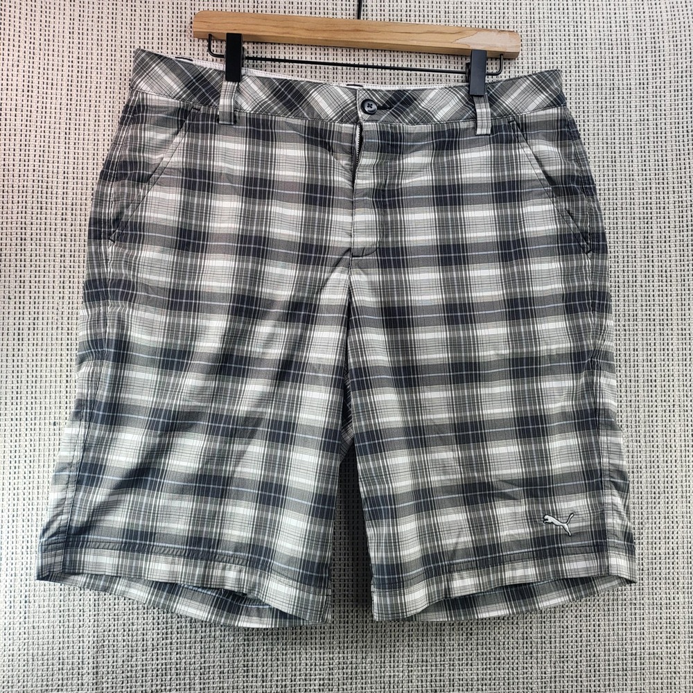 Puma Shorts Mens 34 Gray Plaid Golf Performance Stretch Flat Front Casual Summer